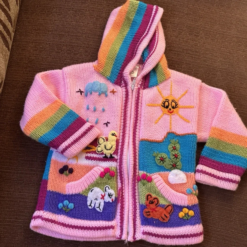 Handmade Peruvian Knit Zip Hoodie Kids 2T Multicolor Animal Landscape Sweater